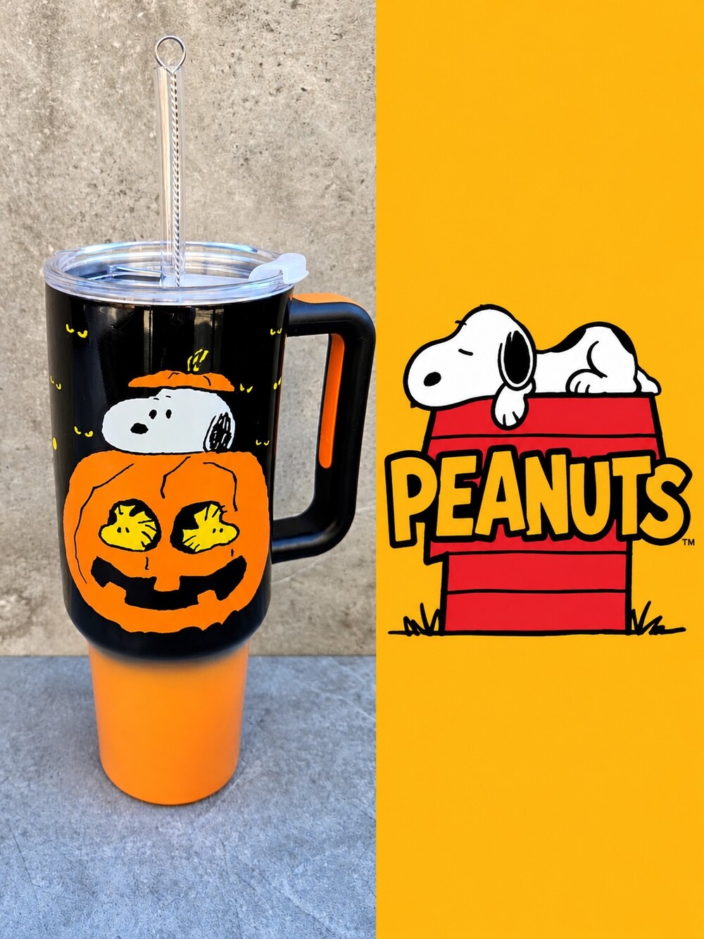 Peanuts Snoopy Halloween Pumpkin 40 oz Tumbler Cup w/ Handle, Lid, Straw & Brush